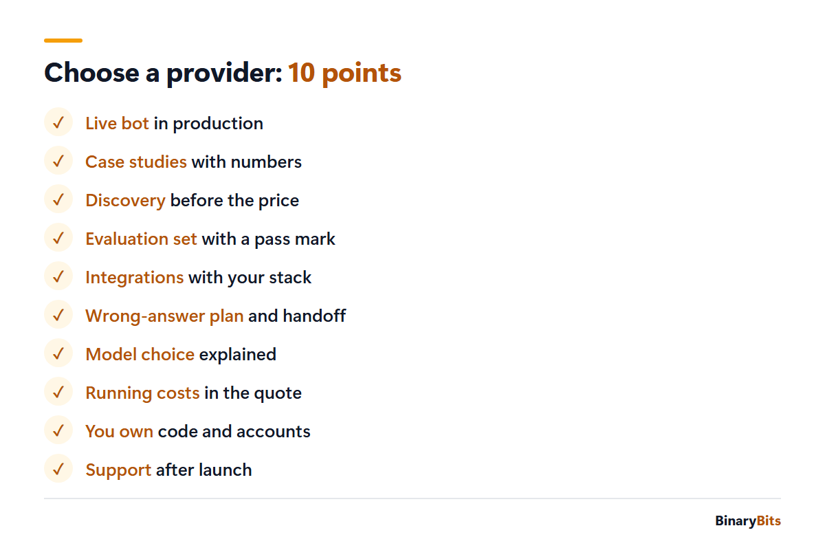 10-point checklist for choosing an AI chatbot development company: live bot, case studies with numbers, discovery first, evaluation set, integrations, wrong-answer plan, model choice, running costs, ownership, support